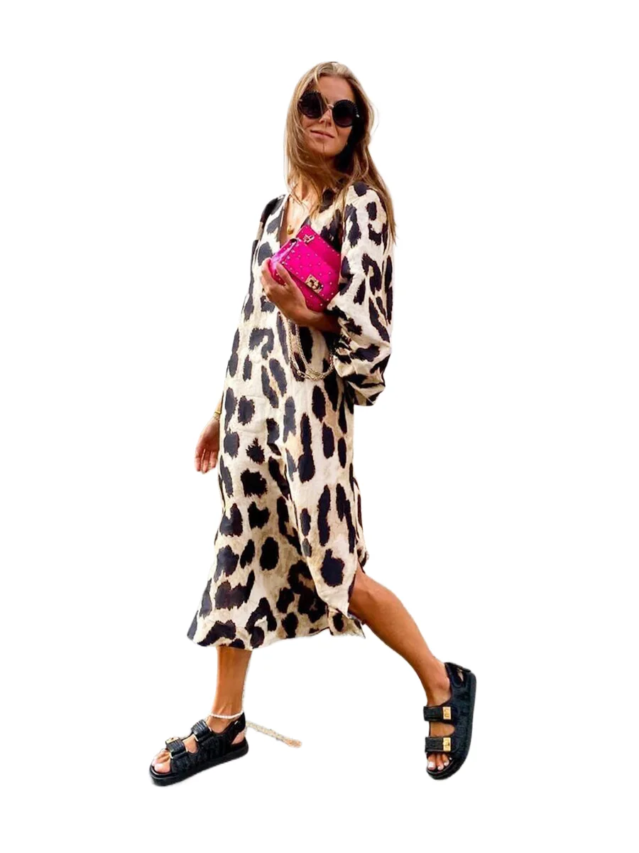 

Dress Women Autumn New Printed Lantern Sleeve V-neck Sexy Vestidos Fashion Casual Beach Vacation Bohemian Ladies Dresses MsChuh