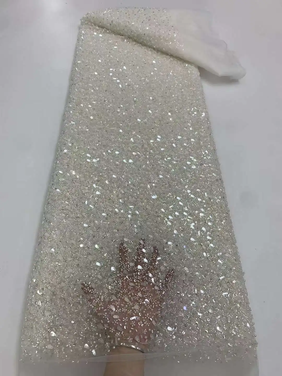 Paillettes tessuto di pizzo africano 2024 ricamo francese di alta qualità di lusso pesante perline da sposa pizzo da sposa XB69HM-2