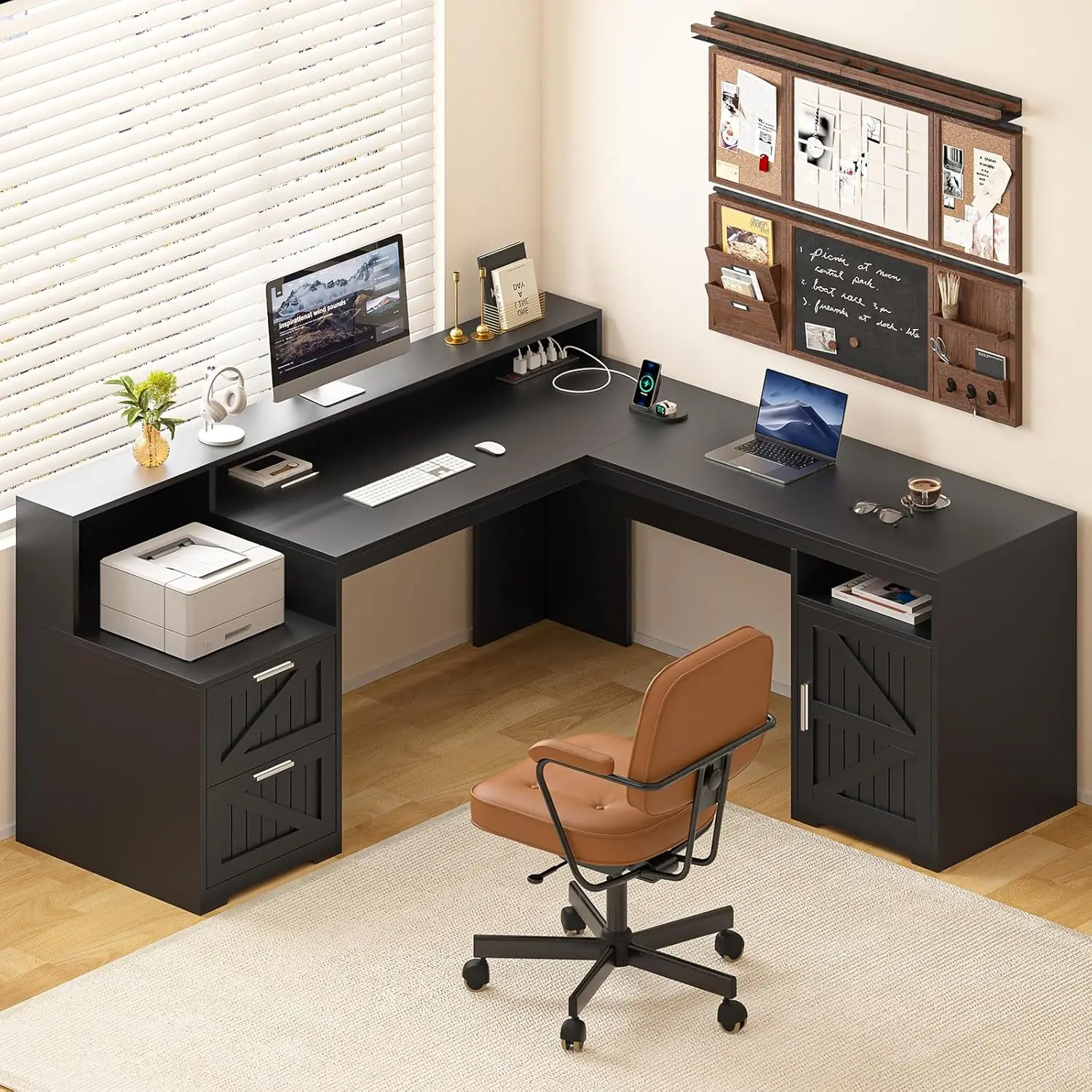 

63" Farmhouse L Shaped Desk, Corner Computer Desk with Power Outlets for Home Office, Executive Desk with Monitor Stand,Black