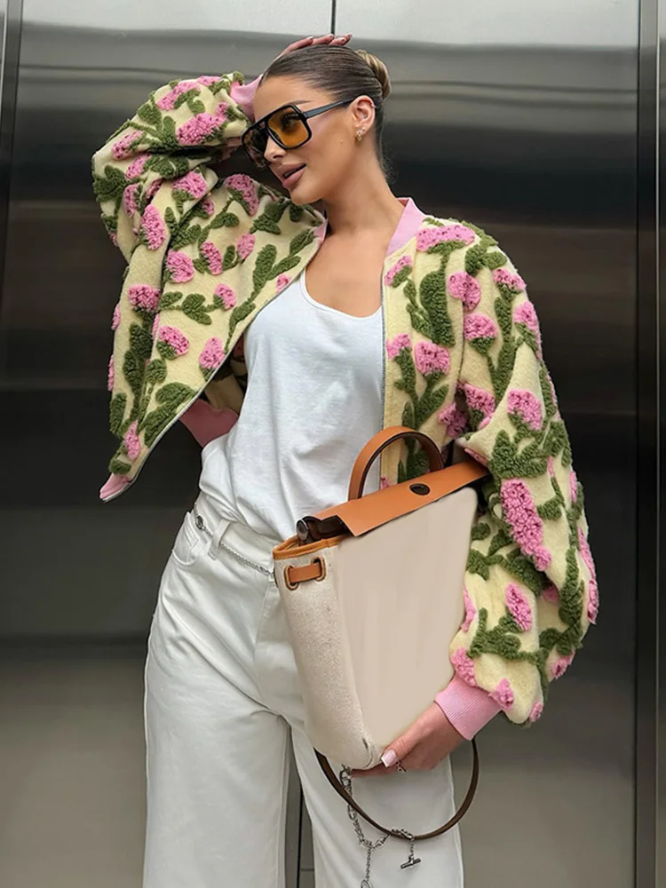 

Chic Women 3D Floral Jacket 2026 Long Sleeve Zipper Patchwork Female Loose Coat Casual Lady Spring Streetwear New