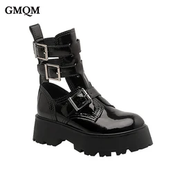 GMQM Brand Fashion Women's Ankle Boots New 2023 Summer Autumn Shoes Platform Bike Motorcycle Breathe Boots Buckle Punk Style Hot