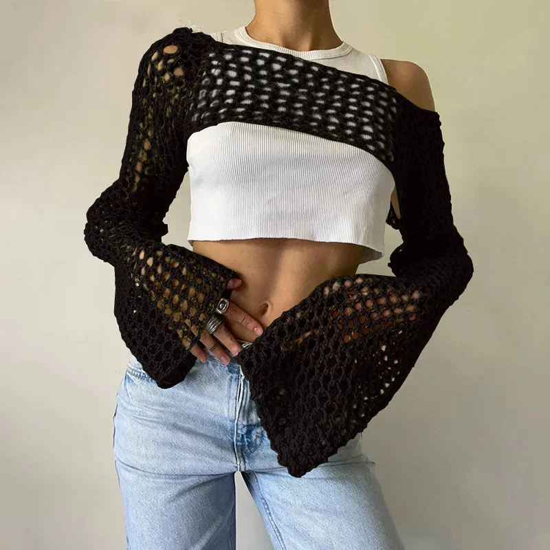 เสื้อครอปถักแขนยาวสีเขียวสไตล์ซัมเมอร์สำหรับผู้หญิง Y2k เซ็กซี่โชว์หลังเว้าหลัง เหมาะสำหรับงานปาร์ตี้ริมชายหาด