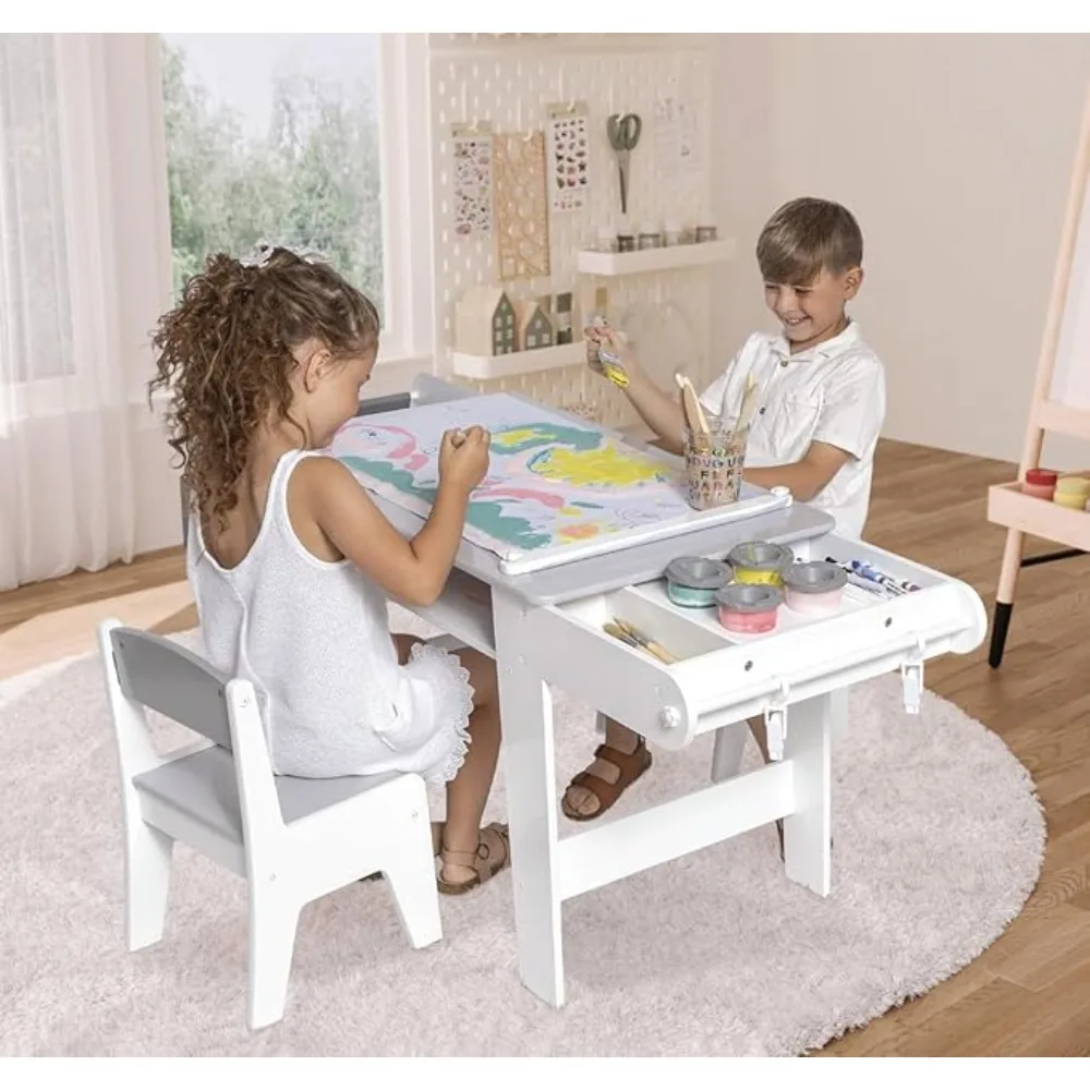 

Kids Art Table Set with Chairs for Playroom, Toddler Craft and Play Wood Activity Table with Storage Bins and Paper Roll