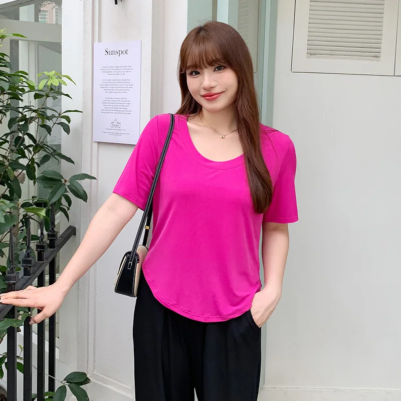 Plus size,eIce Silk Short T-shirt Summer 200kg Fat mm Shoulder Fashion Slim Covering Belly Knitted Shirt 3391