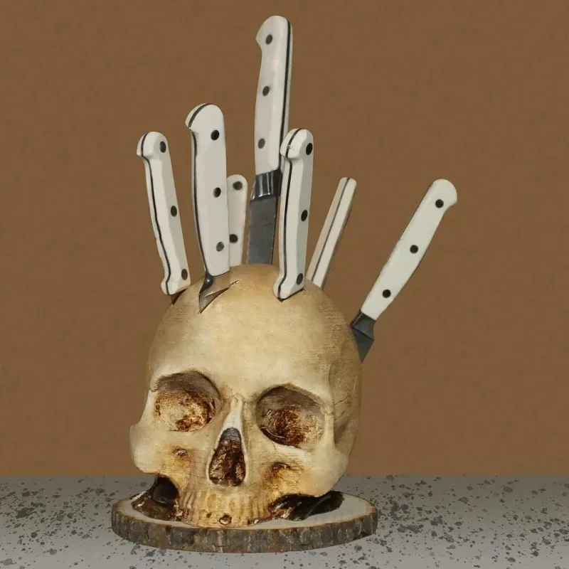 

Kitchen Knives Holder Skull Skeleton Knives Stand Scary Party Storage Rack Decoration Horror Head Rack Knives Organizer