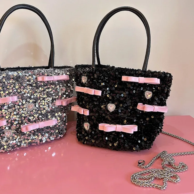 Bow Love Rhinestone Sequins Bolsos Mujer Tote Hand Bag Ladies Chain Shoulder Crossbady Sac Femme Bags for Women Sweet Bolso