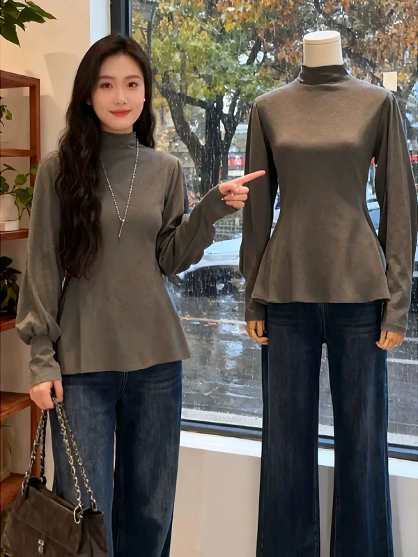 

Женская футболка больших размеров с высоким воротником, осенне-зимняя, утягивающая, базовый слой, с эффектом утяжки талии, топ с внутренним дизайном