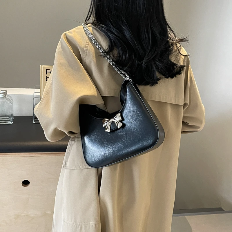 LEFTSIDE PU Leather Small Silver Handbag Shoulder Bag for Women Lady 2024 New Korean Fashion Bow Design Crossbody Bag