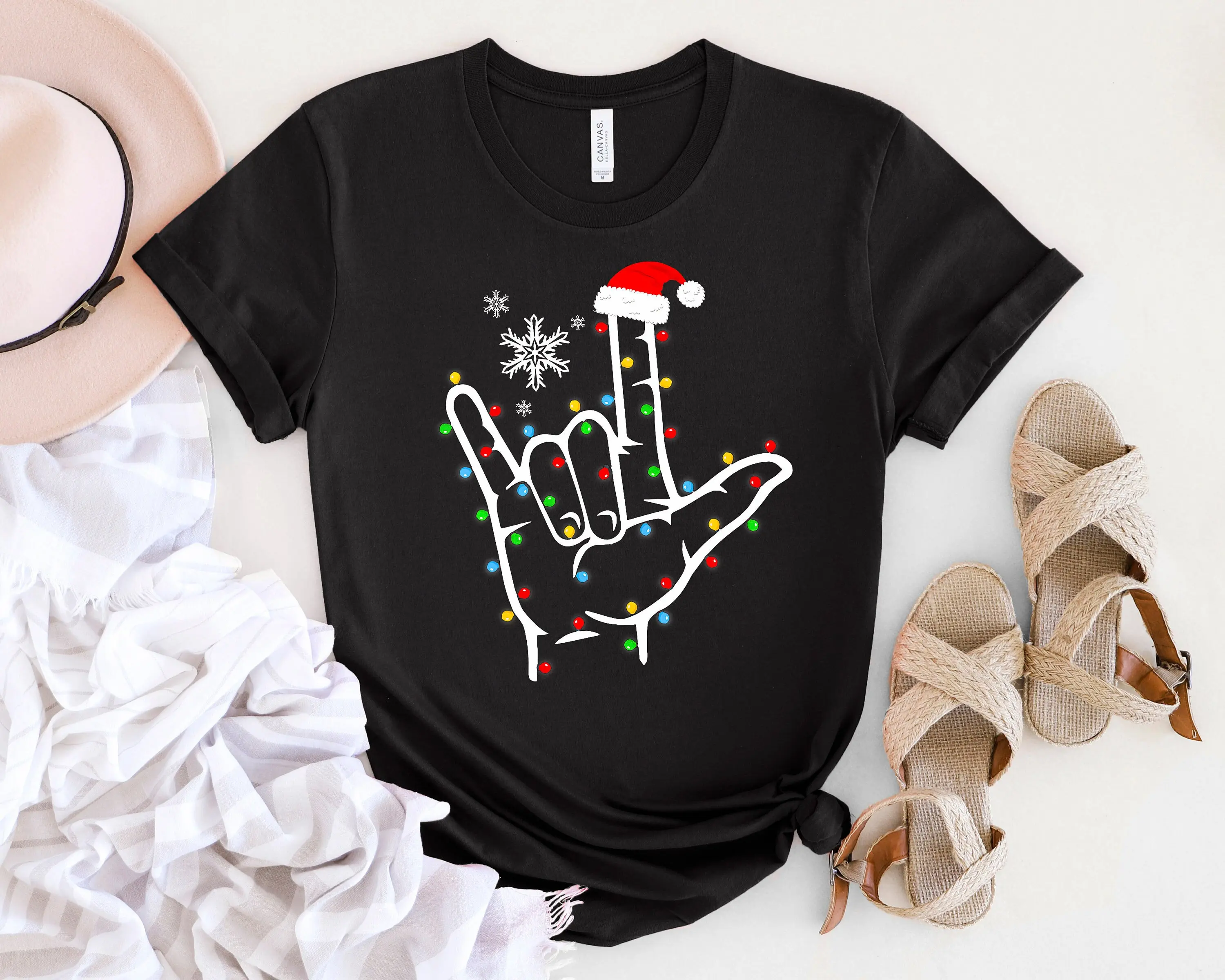 Asl I Love You Hand Christmas Sign Language Xmas Lights T Shirt For Men And Women