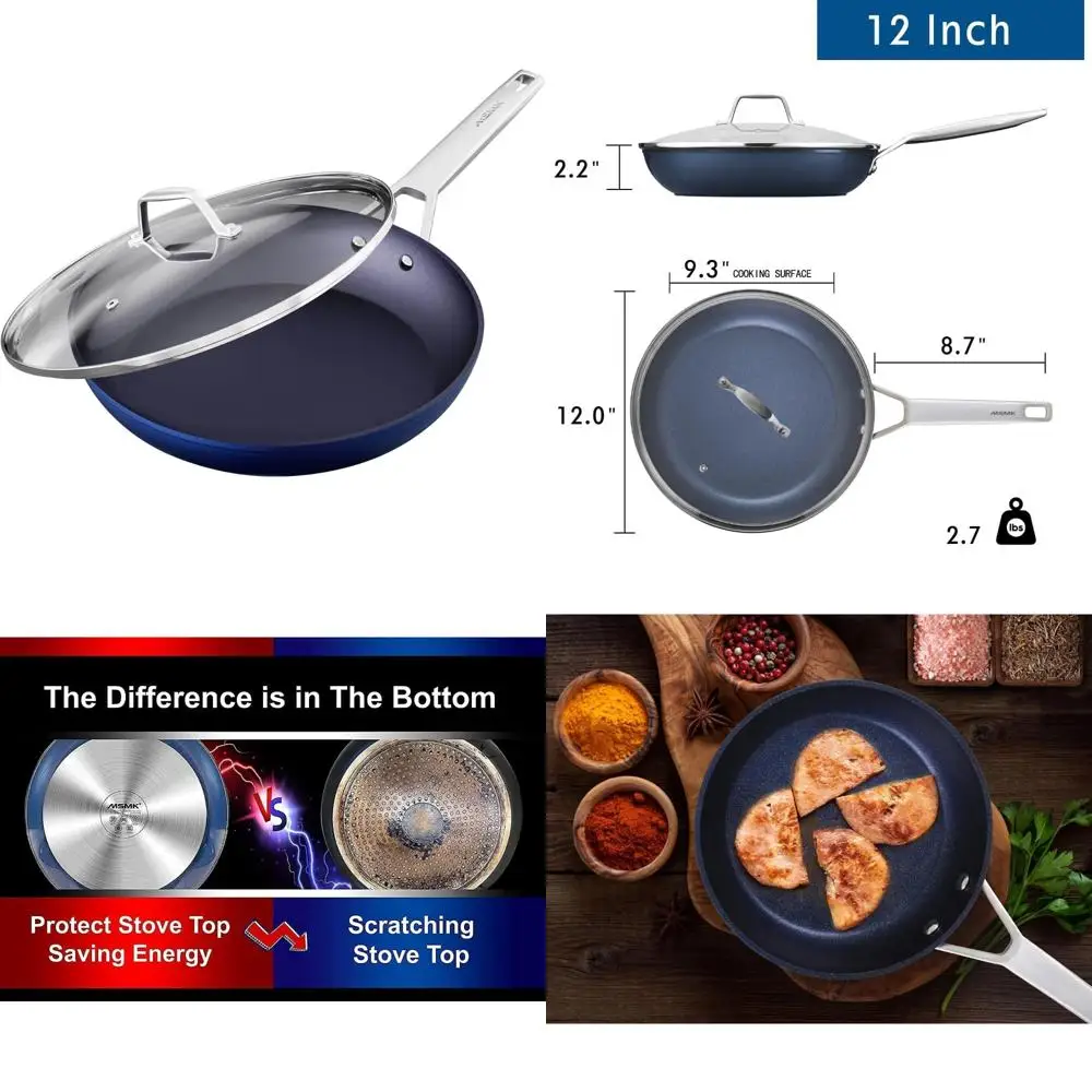 

12-дюймовая нетоксичная антипригарная сковорода с титановым и ромбовидным покрытием и крышкой, прочная синяя сковорода, сделано в США