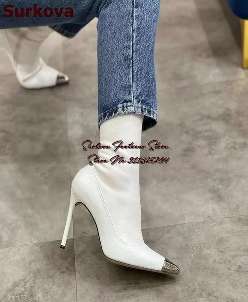 Surkova White Black Lycra Steel Tip Toe Ankle Boots Stiletto Heels Metallic Pointed Toe Short Booties Zipped Dress Shoes Size46