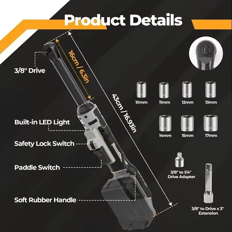 6-inch extended ratchet wrench for Makita/Dewalt/Milwaukee 18V batteries, LED lights, suitable for installation and removal