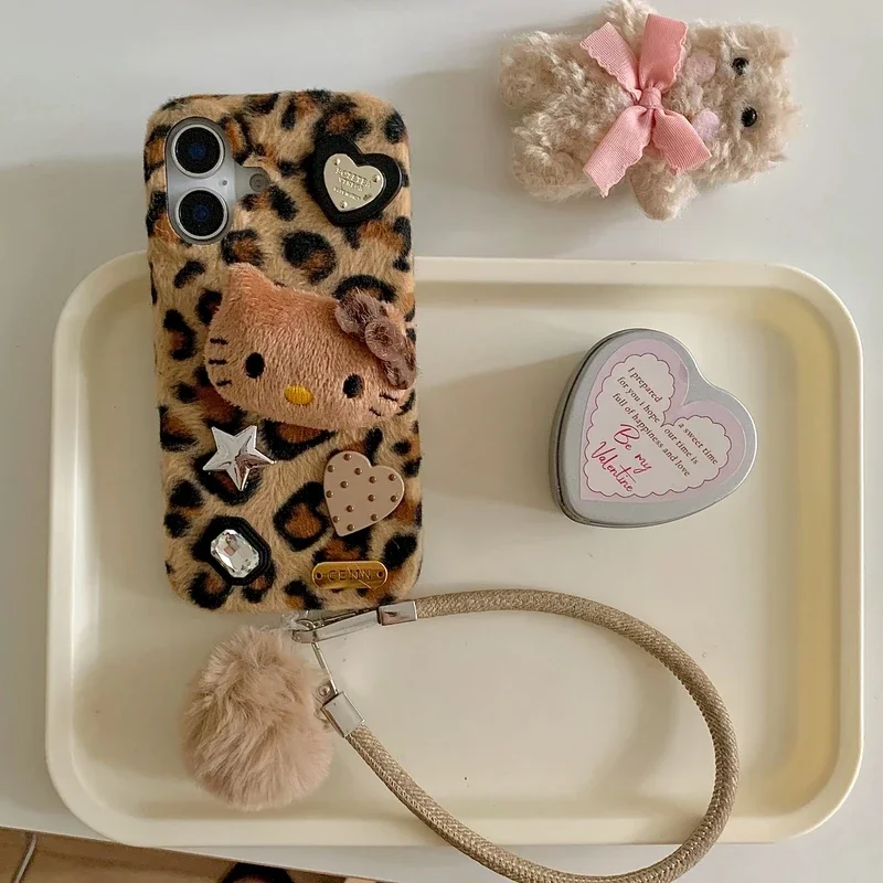 3D Cute Sanrio Y2K Hello Kitty Leopard Print Furry Plush Phone Case For iPhone 16 Pro 15 14 13 12 Pro Max Winter Warm Soft Cover