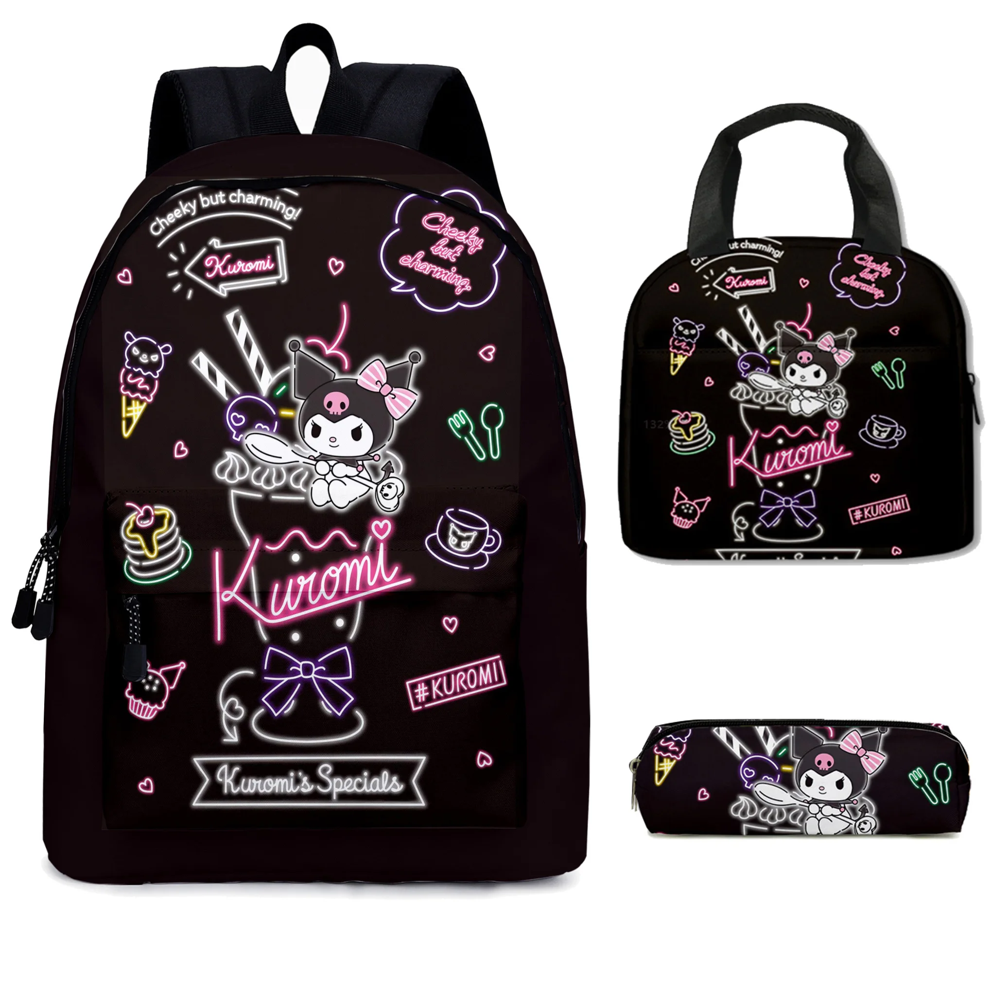 인쇄 쿠로미 어린이 배낭 책가방, 소년 소녀 배낭 번개 지퍼 어깨 연필 케이스 가방, Mochila