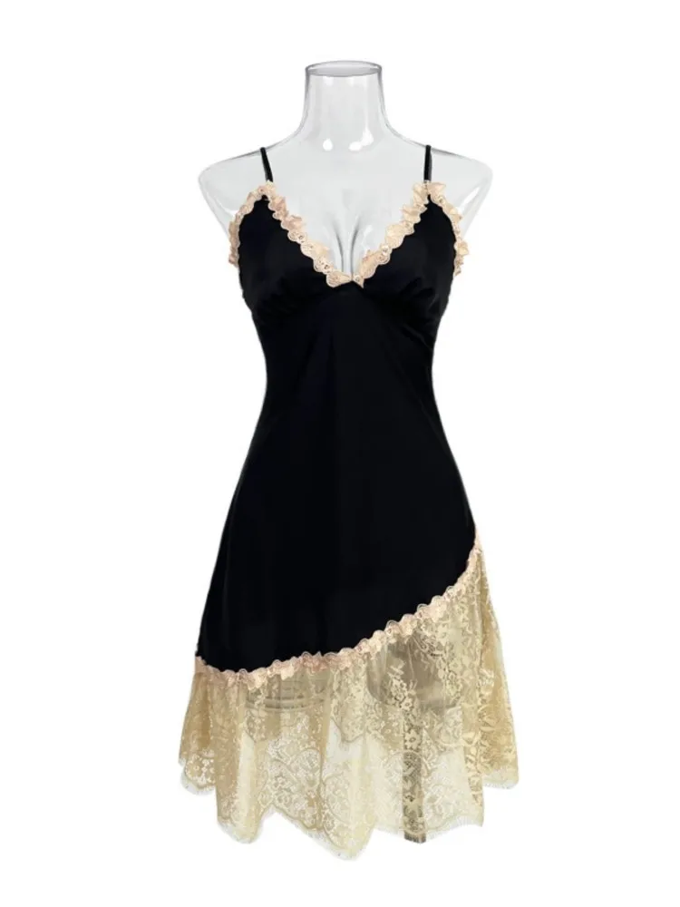 2025 Summer Sexy NightDress For Women French Lace Satin V-Neck Backless Patchwork Hem Temperament  Lady Loose Comfort Nightgowns