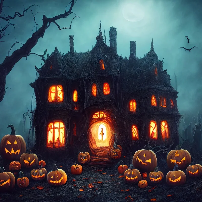 โคมไฟฟักทองฉากหลังคืนวันฮาโลวีนคืนพระจันทร์เต็มดวงพื้นหลังรูปสุสานน่ากลัวน่ากลัวโคมไฟสำหรับงานปาร์ตี้ที่น่ากลัว