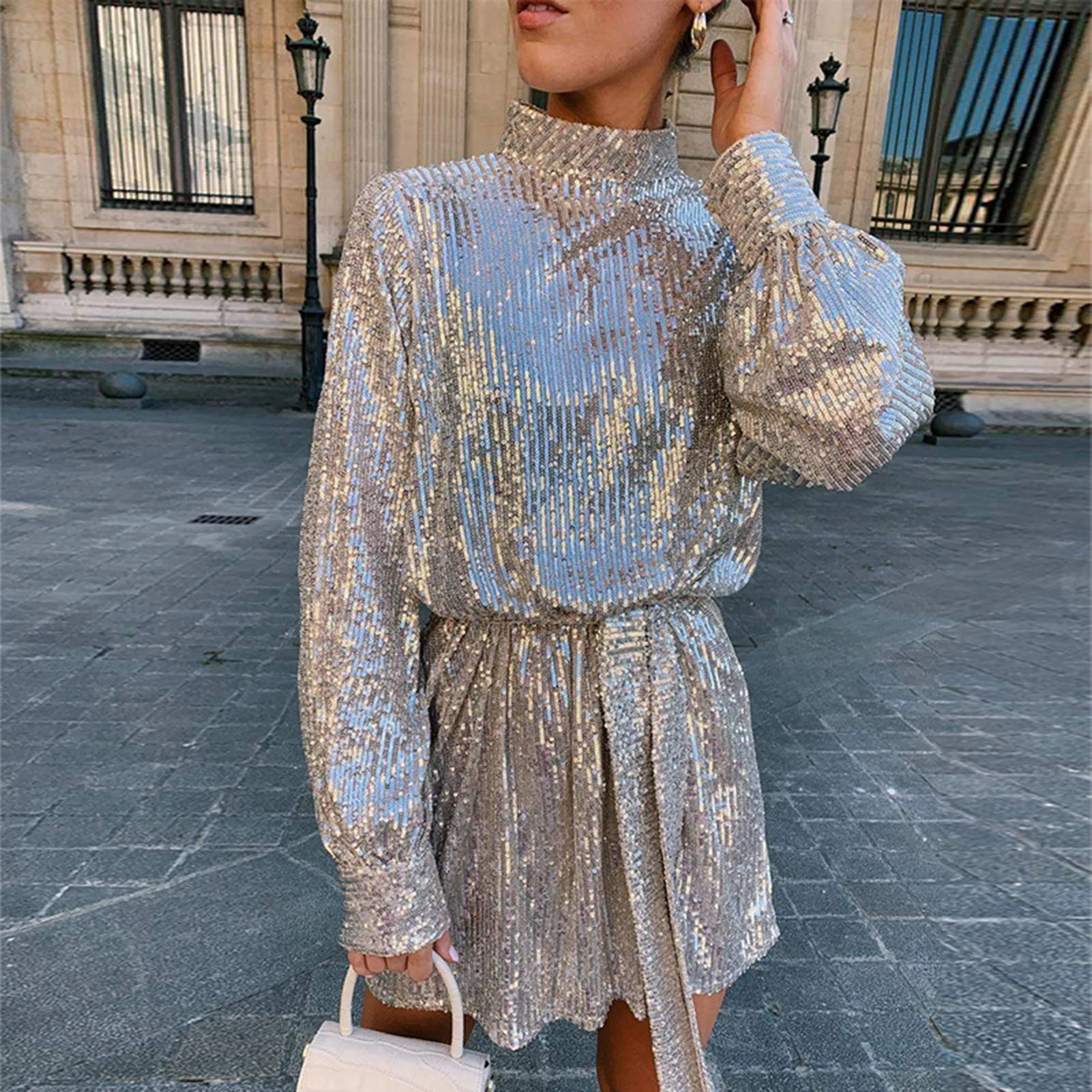 Women Evening Dress V Neck Long Sleeve Shiny Sequin Belted Tight Waist Irregular Hem Solid Color Party Club Bodycon Mini Dress