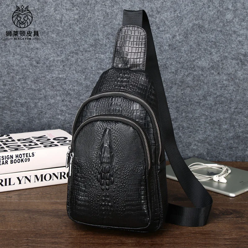 

Crocodile Pattern Genuine Leather Men Chest Bag, Top Layer Cowhide Crossbody Shoulder Bag Fashion Front Sling Bag