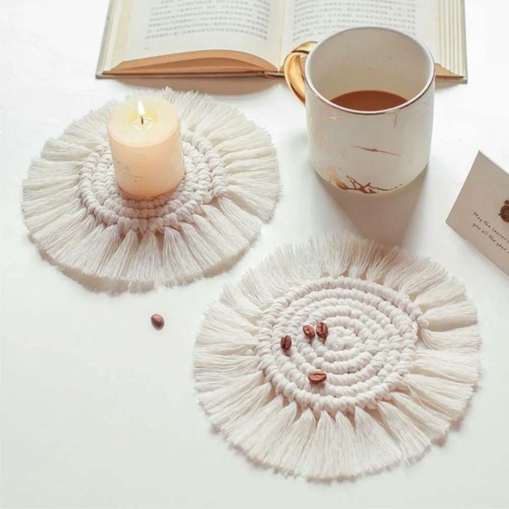 Home for Creative Cotton Braid Coaster Handmade Macrame Cup Cushion Bohemia Style Non-slip Cup Mat Kitchen Accessories