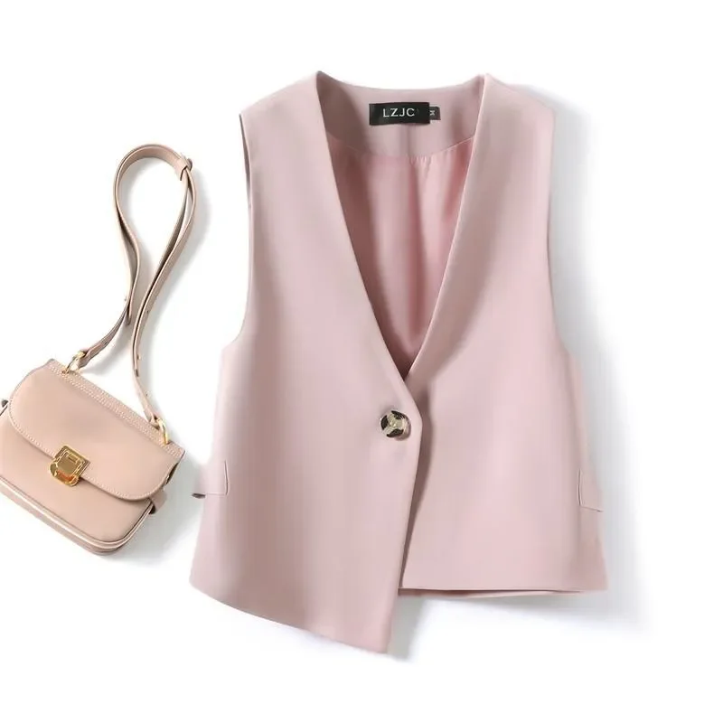 Gilet sottile da donna con bottone singolo scollo a V top corto casual 2025 estate nuove signore da ufficio asimmetria giacca senza maniche gilet T1096