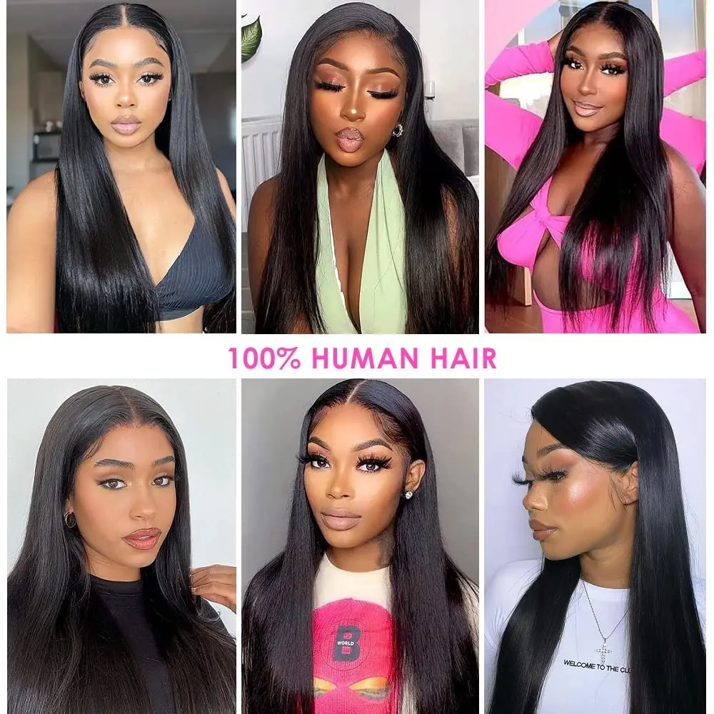 Human Hair Bundles With Closure Natural Black Color #1B Straight 100% Real Human Hair Extensions 22 24 26 Inch Frontal 13x4 Lace