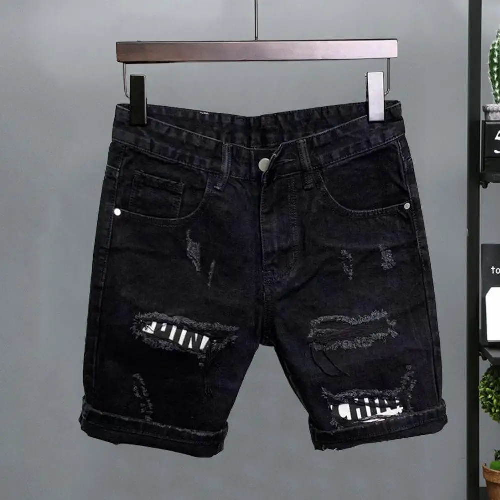 Pockets Shorts Stylish Men's Ripped Denim Shorts with Patchwork Detailing Button Zipper Fly Closure Multiple Pockets Knee-length