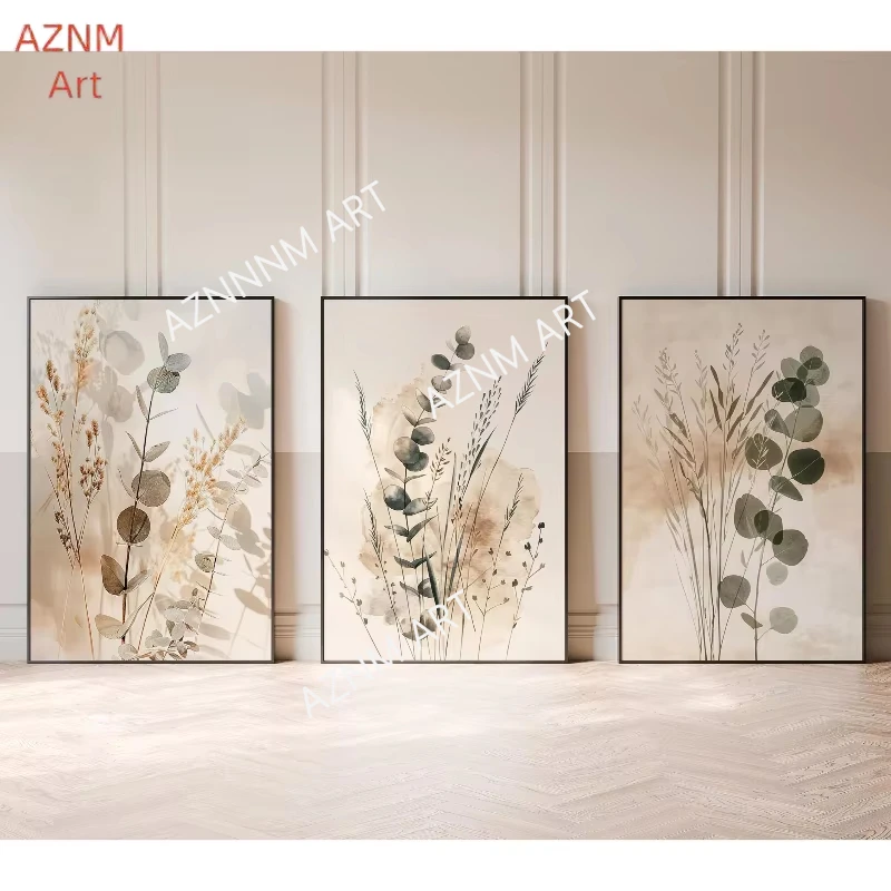 3pc Botanical Wall Artwork Neutral Minimalist Prints Scandinavian Bedroom Decor Eucalyptus Triptych Boho Living Room Wall Art