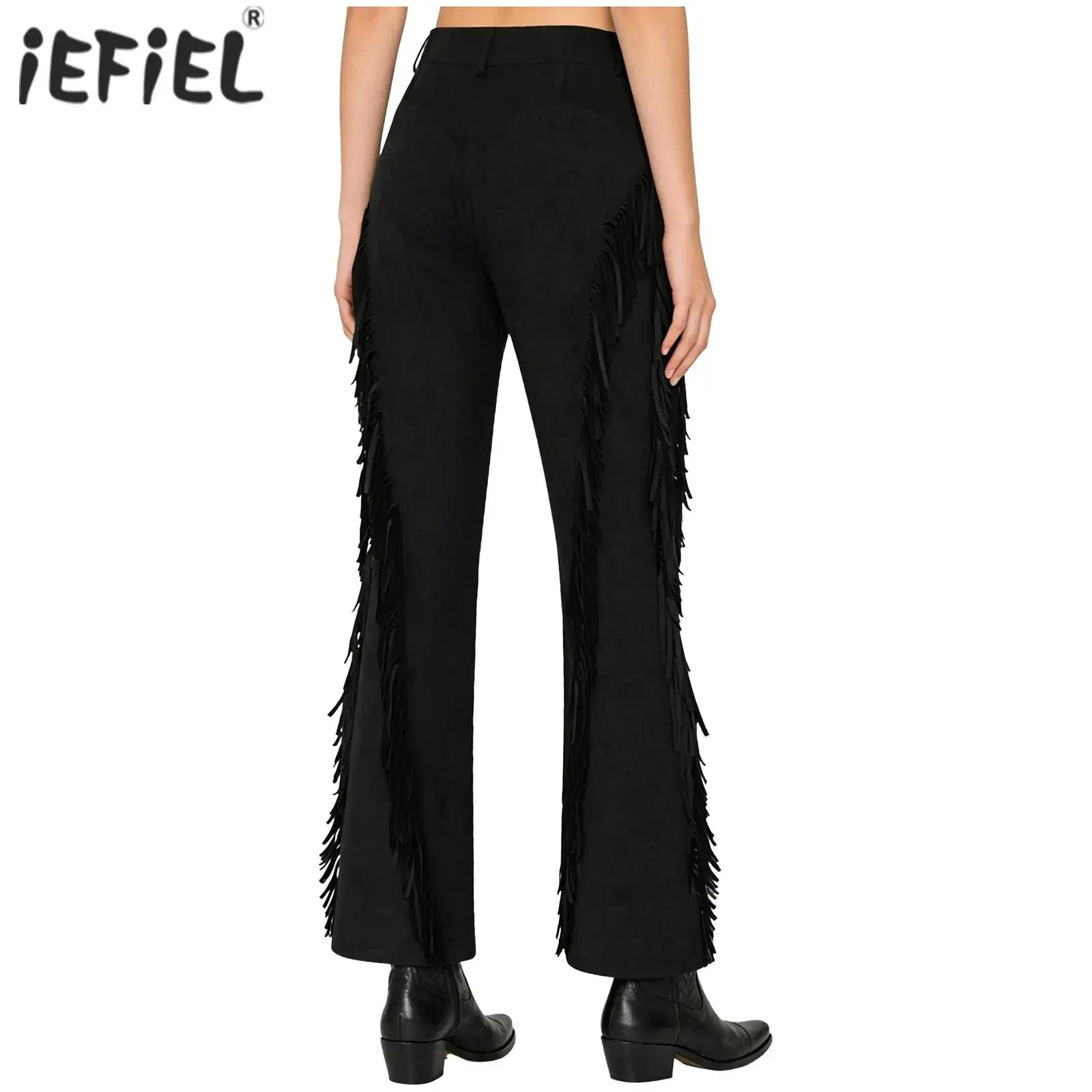 

Womens Cowgirl Faux Suede Flared Pants Clubwear Vintage Western Cosplay Costume Fringed Wide Leg Pants High Waist Side Tassels