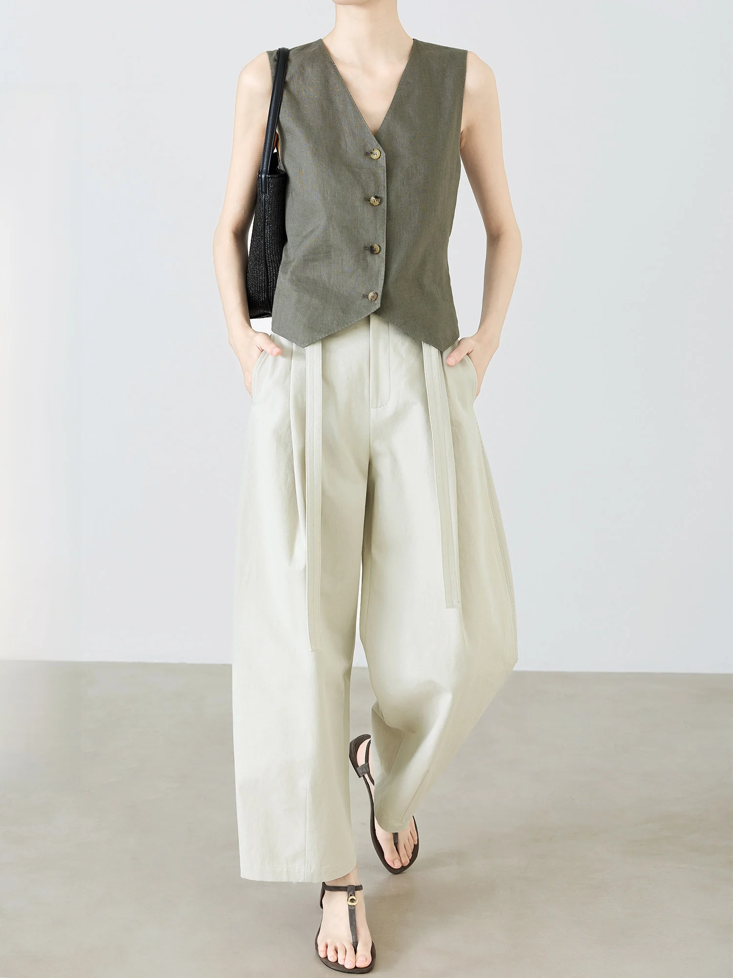 

Summer Cotton Australian Women's Wide Leg Pants Nine Points Side Stitch Embroidery Commute Suit Pants High Waist Straight Cut