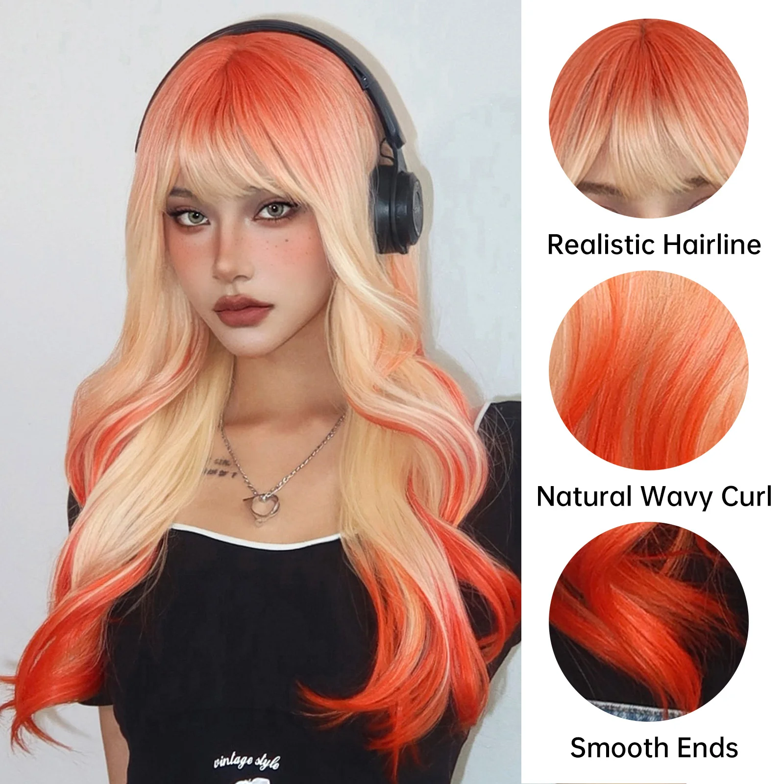 HENRY MARGU Blonde to Orange Wigs with Bangs Long Body Wavy Wig Ombre Platinum Colored Synthetic Hair Orange Roots Party Wig