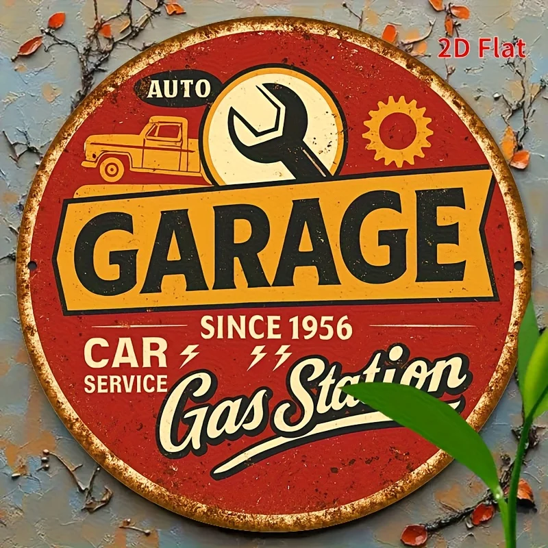 2D Flat - 1pc 8 X 8 Inches (20 X 20 Cm) Automatic Garage - Gas Station Sign Wall Decoration, Metal Sign, Vintage Aluminum Sign,