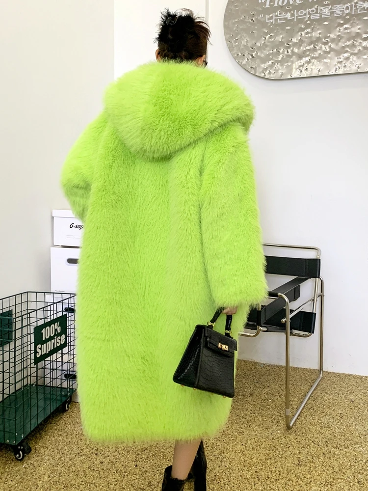 Female Fashion Eco-friendly Green Faux Fur Coat Lady Long Loose Hooded Shaggy Outerwear Women\'s Winter Coats Promotion