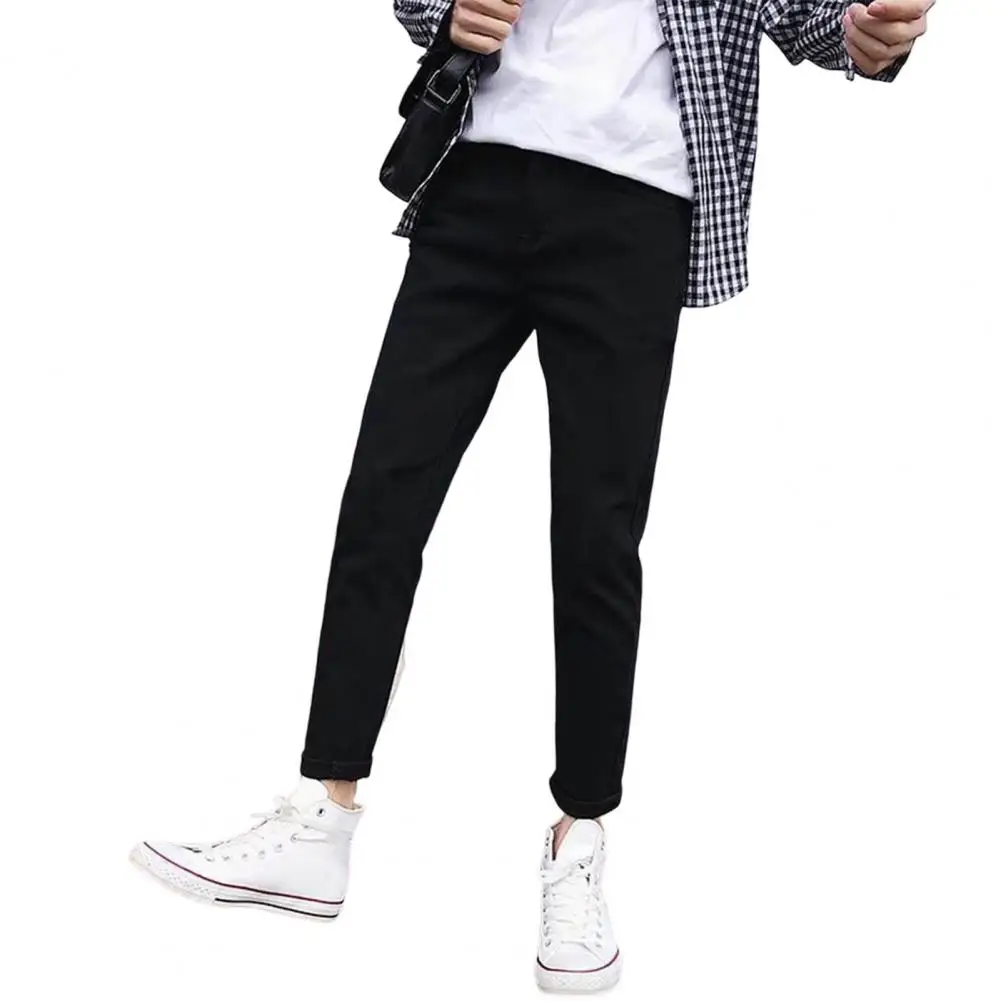 Korean Men Trousers Button Zipper Fly Pockets Jeans Ripped Holes Slim Denim Pants Streetwear