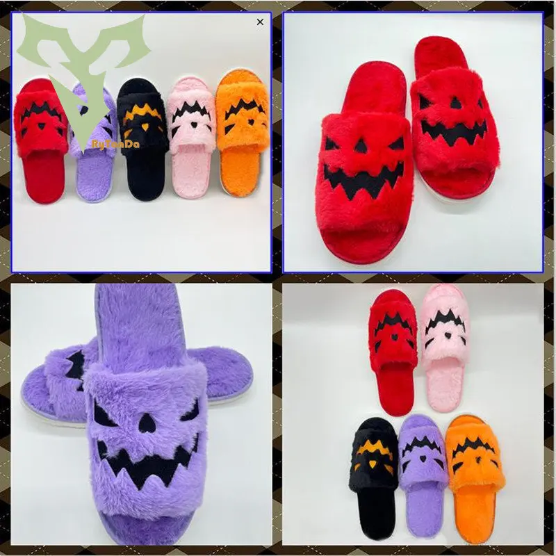 5/10 PC Pink Orange Halloween Pumpkin Lantern Slippers 2022 Autumn Soft Furry Closed Toe Slides Outdoor Fuzzy House Slippers