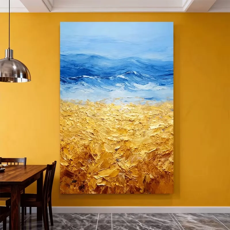 Hand-Painted Modern Abstract Beach Sea Oil Painting - Textured 3D Thick Brushstroke Coastal Wall Art with Golden & Blue Hues, Fr