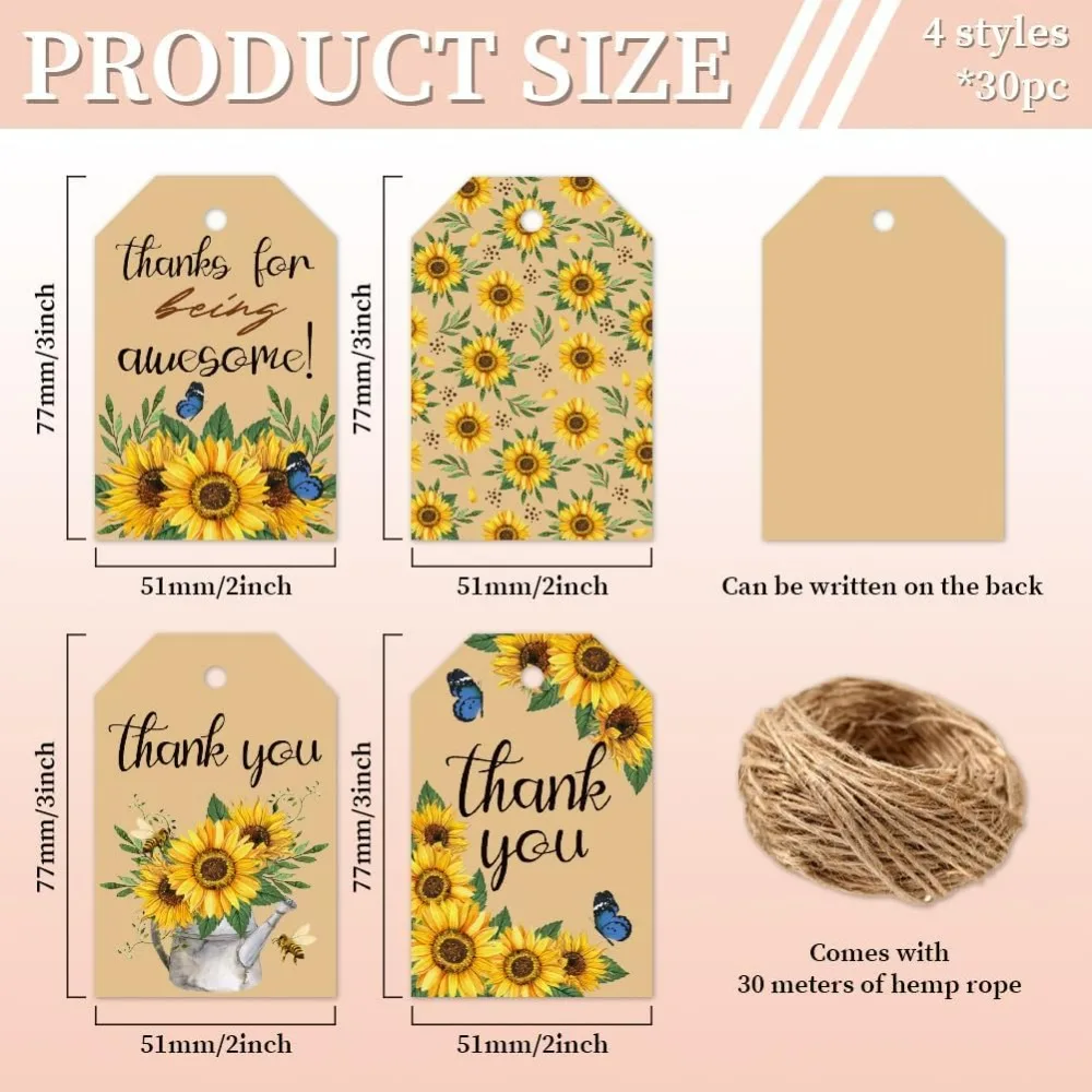 120 PCS Gift Tags Sunflower Kraft Paper Gift Tags with String 3x2in Thank You Present Labels for Gifts for Women's Day Wedding