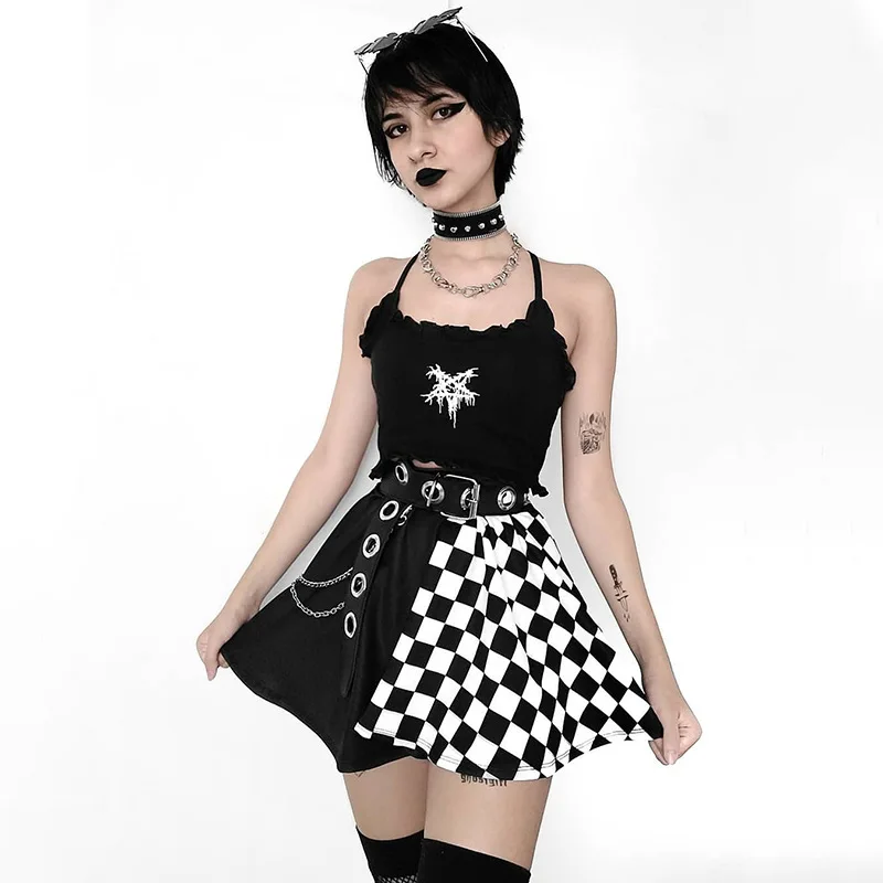 FICHOR-Punk Gothic A-Line Mini Saia, Streetwear Harajuku, Patchwork Xadrez Sexy, E Girl Grunge Y2K Club Wear