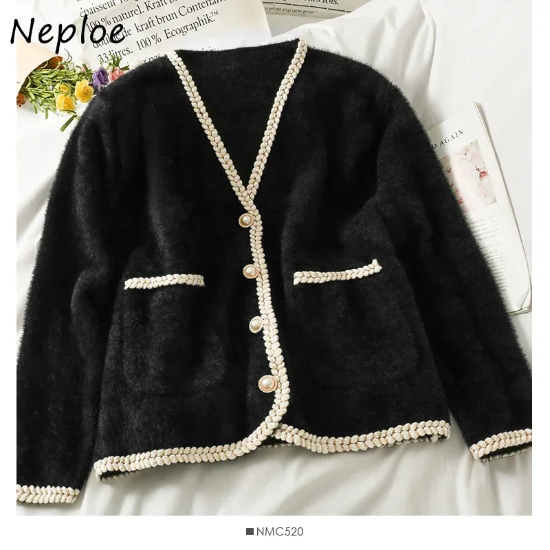 Neploe Bright Silk Edge Single-breasted V-neck Female Cardigan Long Sleeve Sweater Jacket Autumn Loose Office Lady Open Stitch