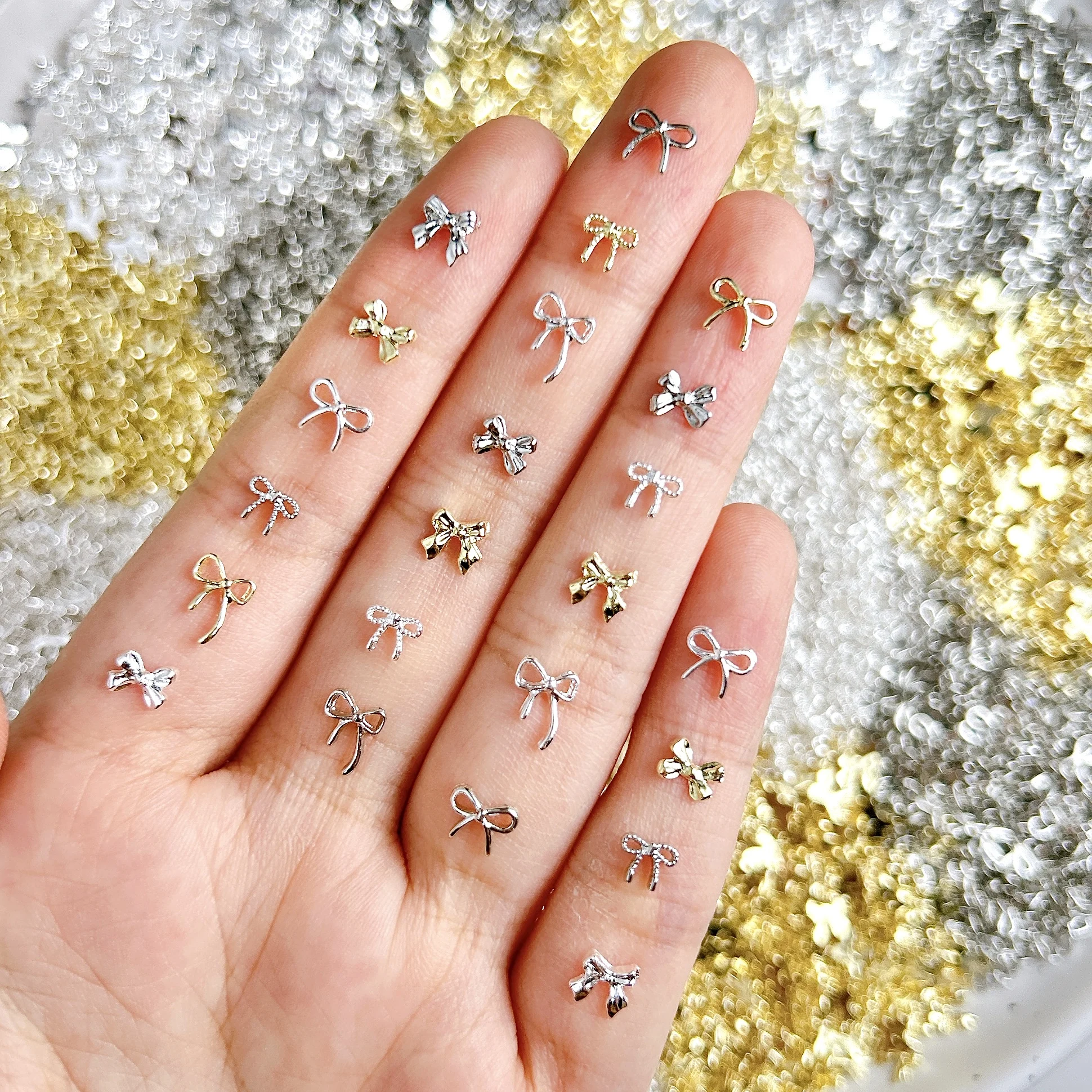 30PCS Multiple Style Alloy Mini Bows Ties Nail Charms Classic Gold Silver Line Bowknot Nail Art Decorations for DIY French Nails