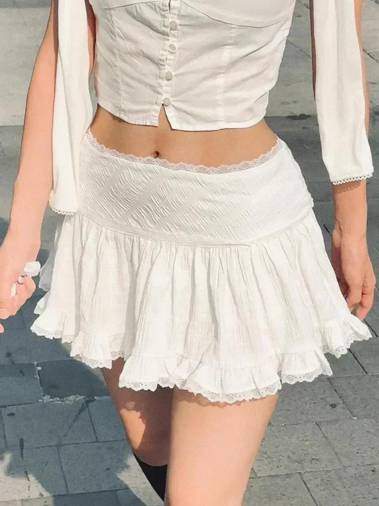 

Женские милые белые юбки, элегантная кружевная лоскутная сексуальная мини-юбка с высокой талией, французская винтажная тонкая женская плиссированная танцевальная юбка 2025