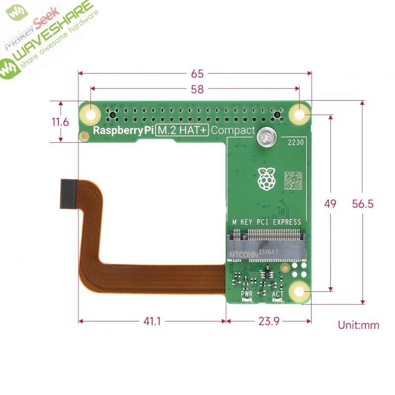 

SKU-32665 Waveshare Official Pi M.2 + Compact, Designed For Raspberry Pi 5, HAT+ Standard, Supports NVMe Protocol M