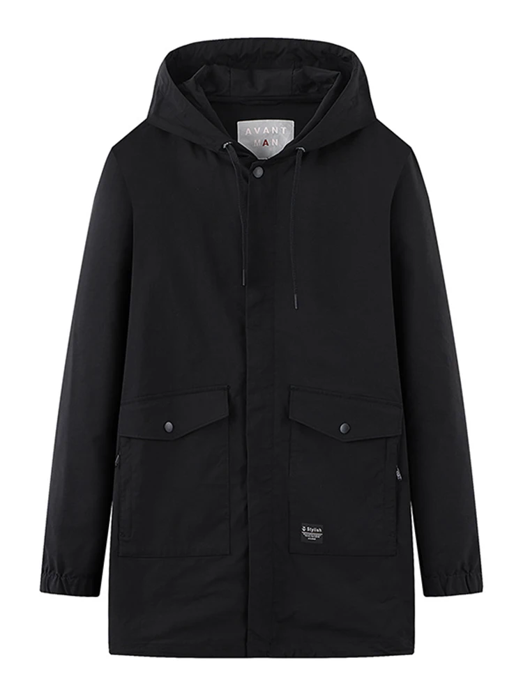 

Men's Mid-Length Hooded Zipper Jaet Simple Sle Windbreaker Youth Trend Spring Season Stand Fit Multi-ket Design