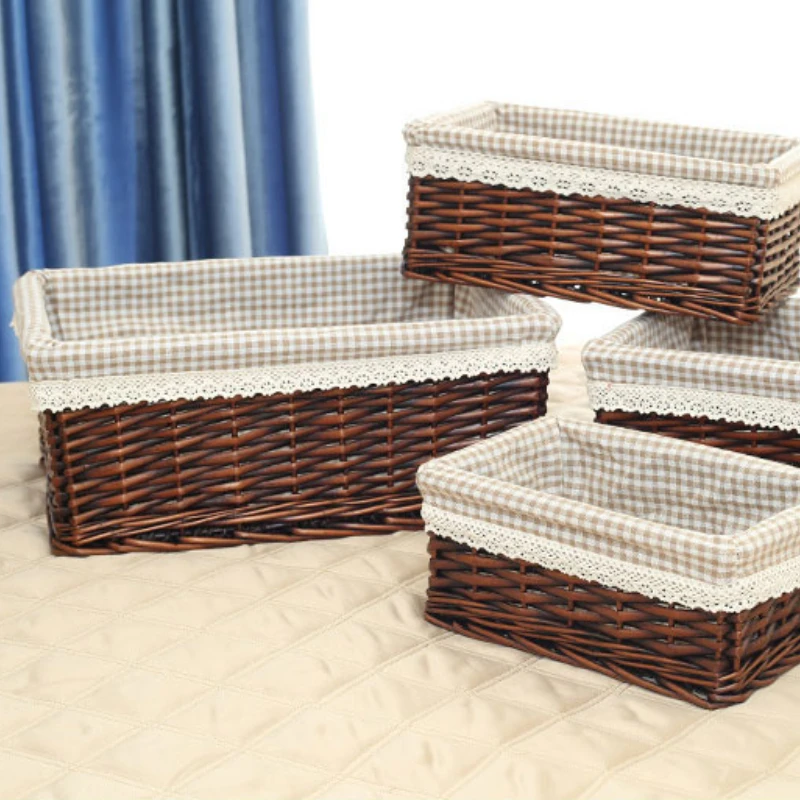 

Rattan Hand-woven Storage Rectangular Basket Snack Household Items Snacks Fruit Debris Laundry Finishing Willow Storage Basket