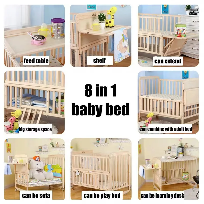 3 Grade Adjust Baby Bed With Wheels, No Paint Crib Have Bedding Set, Can Joint Adult Bed, Can Be Rocking Cradle