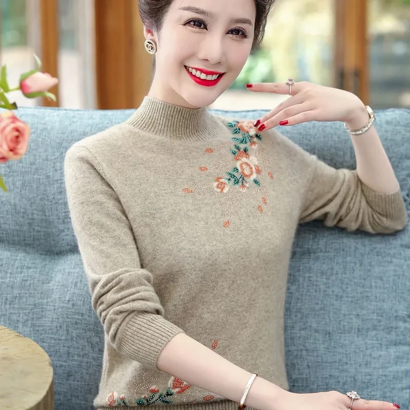 Fashion Half High Collar Knitted Embroidery Sweater Women\'s Pullovers Autumn Winter Middle Aged Mother Loose Jumper Casual Tops