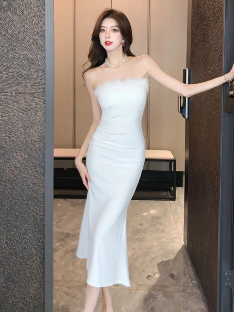 Sexy Strapless Womens Dresses Elegant Off Shoulder Slash Neck Bodycon Mermaid Wedding Party Midi Dress Prom Vestidos Female Robe