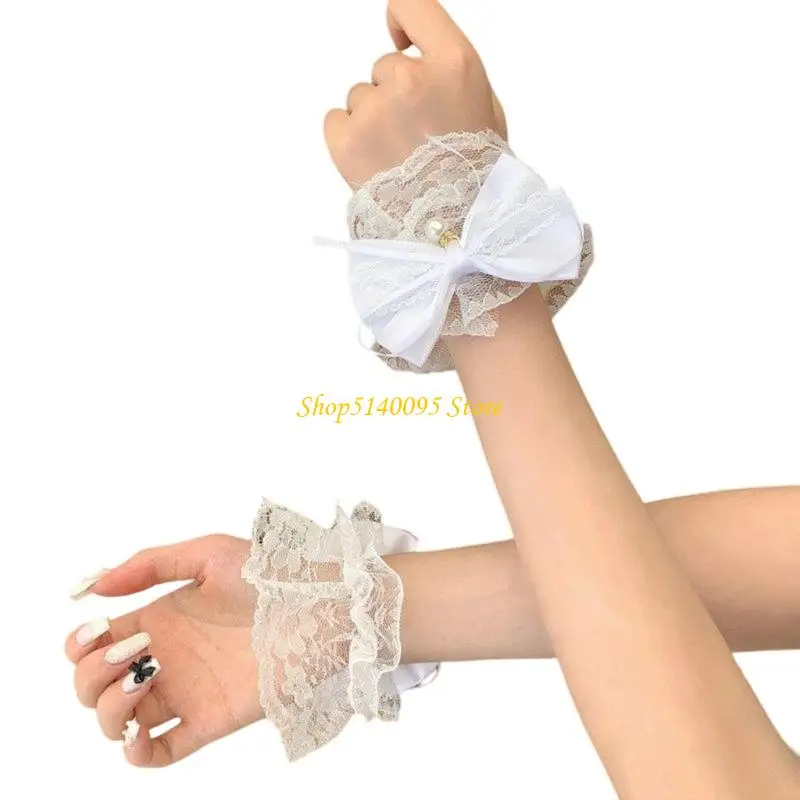 DXAE Lace Wrist Cuffs with Sheer Mesh Ruffle Trim and Center Ornament, Matching Decorative Cosplay Accessories for Cosplay