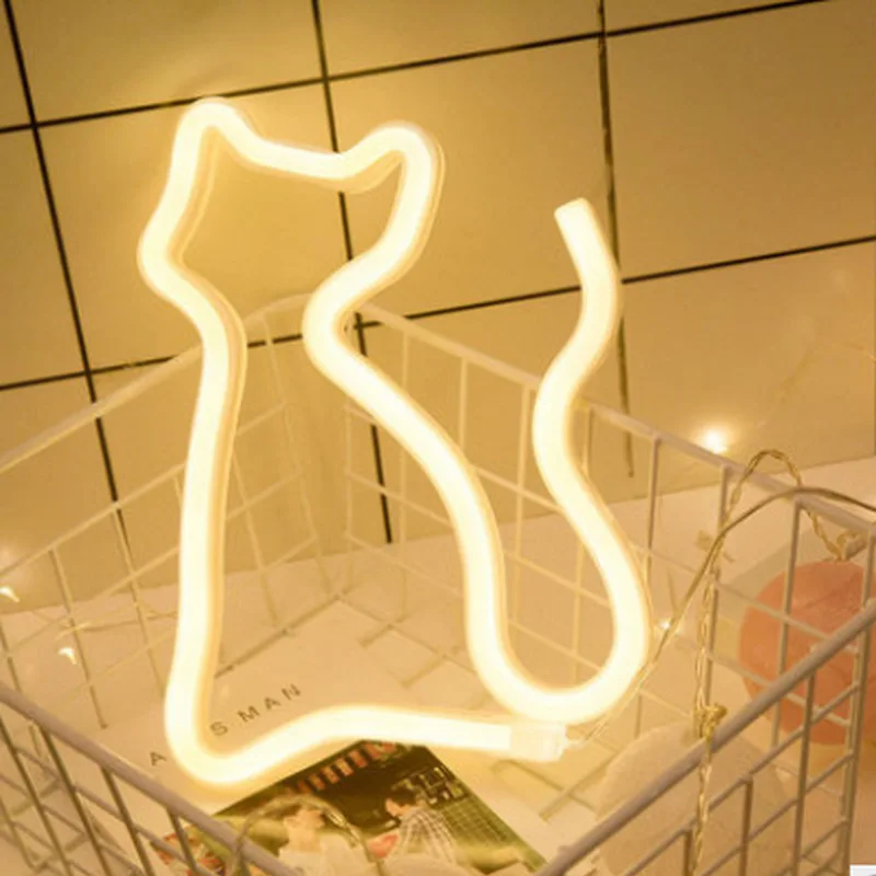 Cat Neon Light Sign LED Animal Figure Modeing Lamp Decoration Ornaments for Room Pet Shop Party Holiday USB and Battery Powered