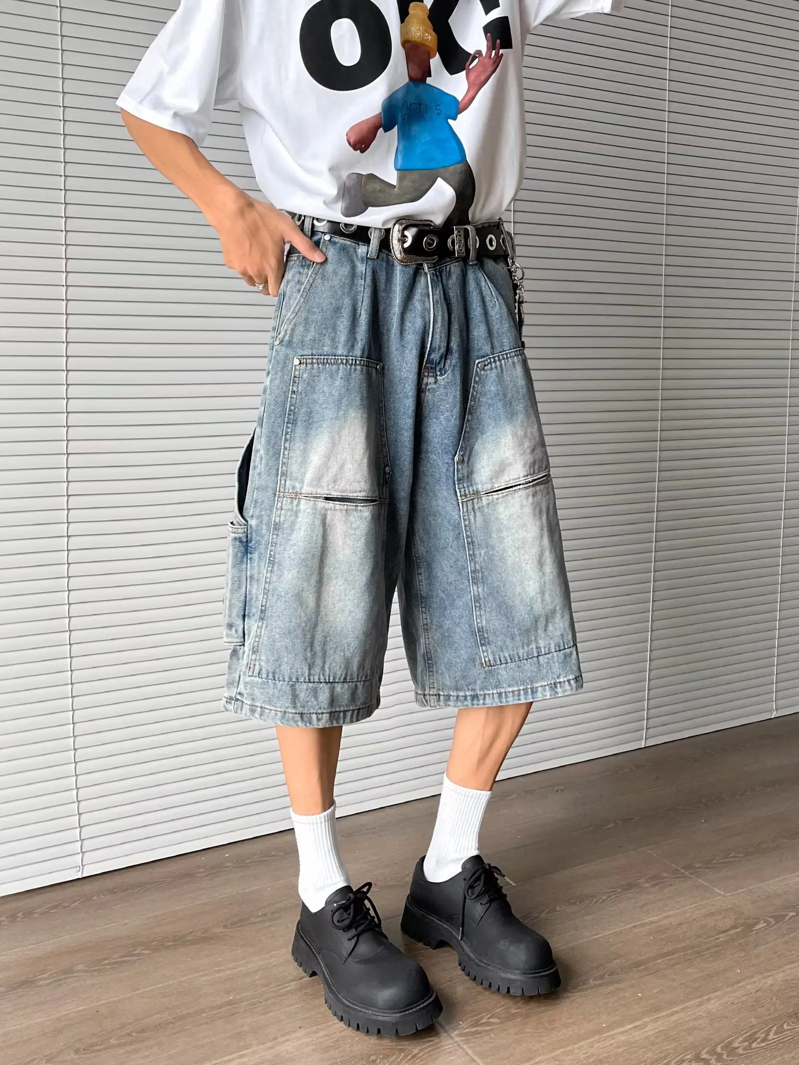 

American Sle Vintage High Waist Men's Jeans Summer New Loose Straight Leg 7/8 Length Wide Leg mid ort Trousers