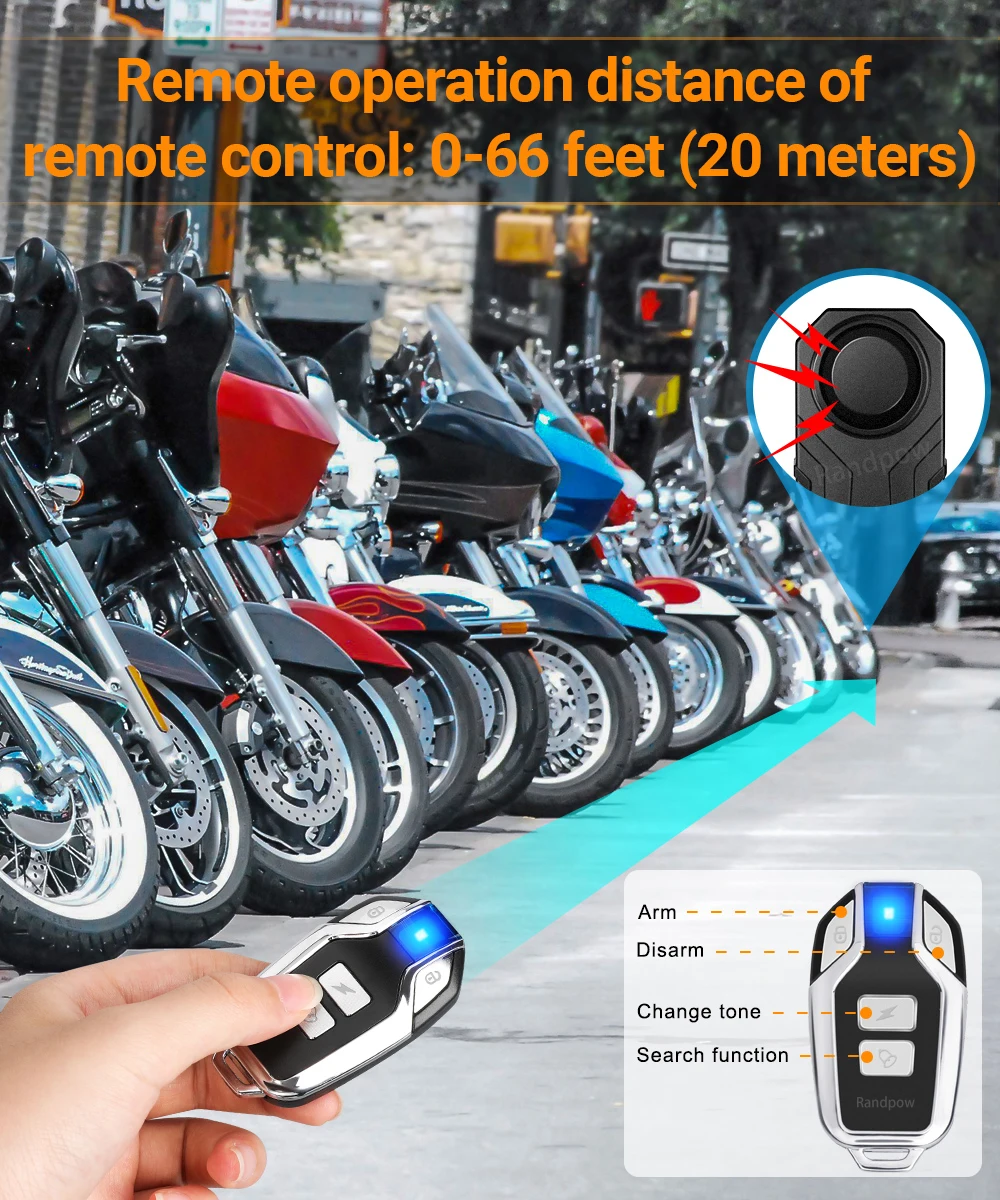 Randpow Waterproof Motorcycle Bicycle Safe Wireless Remote Control Anti-Theft Alarm Vibration Sensor 113dB Loud Security Alarm